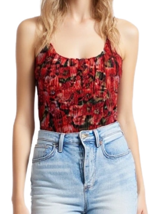 Dynamite Tops - Dynamite Red & Black Floral Bodysuit Camisole with Ruched Bodice Size Medium